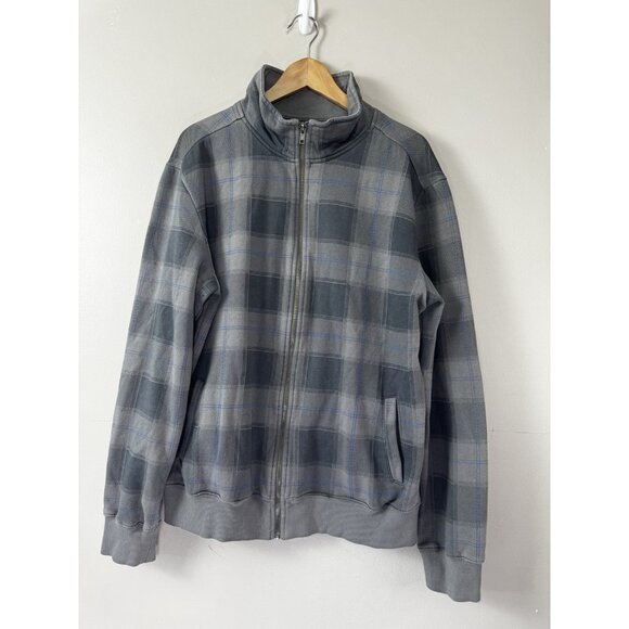 Mens Crewneck XL Gray Blue Plaid Zip Up Sweatshirt Jacket Preppy Academia Sporty - Picture 1 of 7